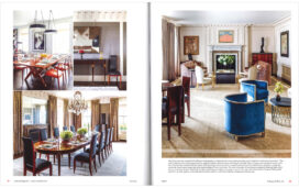 Antiques & Fine Art Magazine 2 page spread of Lakeview Residence, picturing the breakfast room, formal dining room and living room