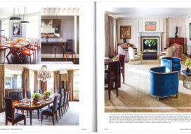 Antiques & Fine Art Magazine 2 page spread of Lakeview Residence, picturing the breakfast room, formal dining room and living room