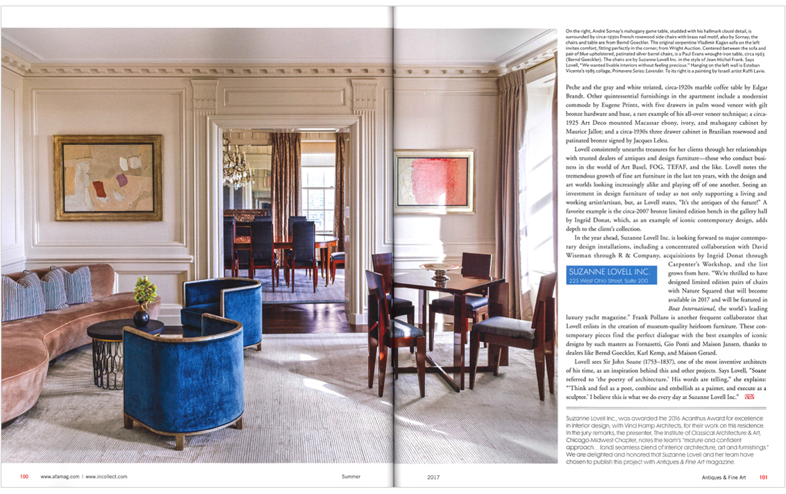 Antiques & Fine Art Magazine 2 page spread of Lakeview Residence, picturing the living room view towards the formal dining room