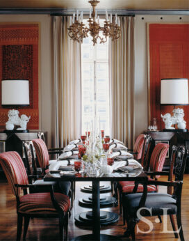 Deco-era duplex apartment dining room with antique ikats on the wall