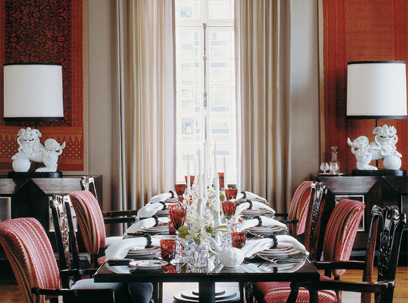 Deco-era duplex apartment dining room with antique ikats on the wall