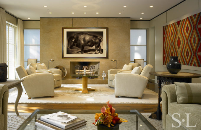 Lincoln Park Chicago landmark residence living room view of fireplace with large scale artwork by Jack Spencer