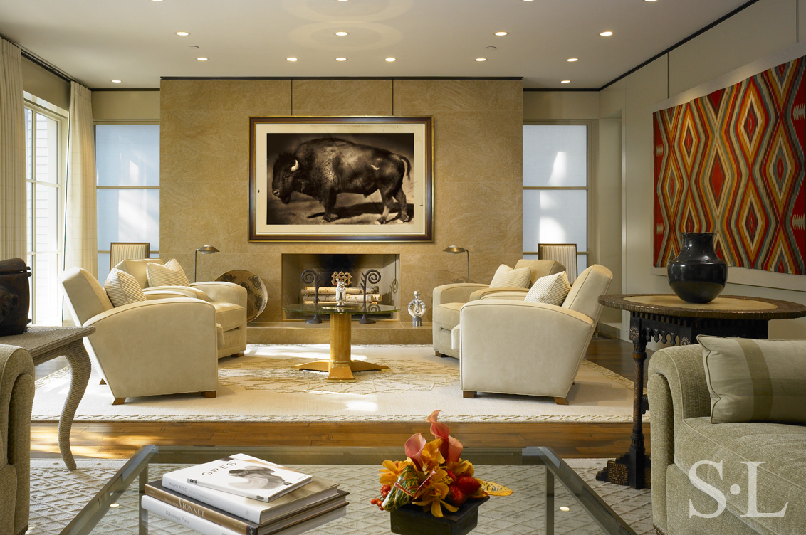 Lincoln Park Chicago landmark residence living room view of fireplace with large scale artwork by Jack Spencer