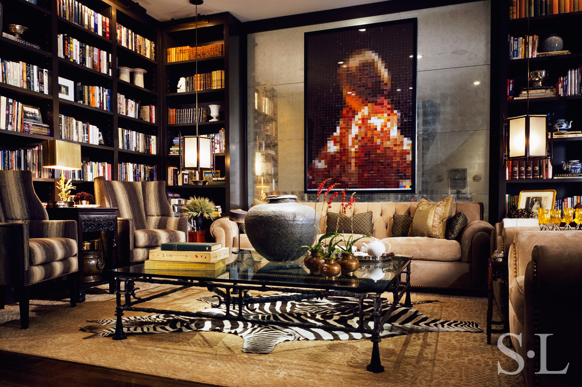 Chicago townhome library with Chanel sofa and artwork by Vik Muniz
