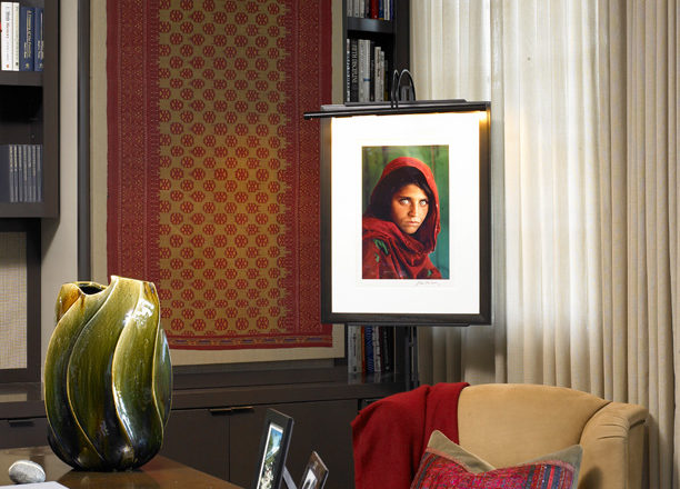Chicago townhome office detail with Steve McCurry's photo 'Afghan Girl'