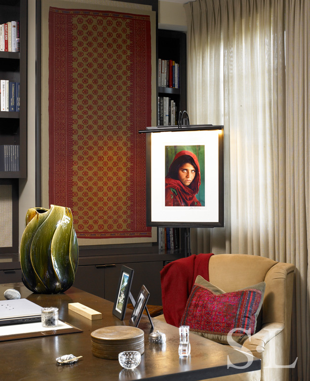 Chicago townhome office detail with Steve McCurry's photo 'Afghan Girl'