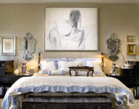 Chicago townhome primary bedroom detail of bed and artwork by Nicolas Carone