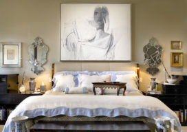 Chicago townhome primary bedroom detail of bed and artwork by Nicolas Carone