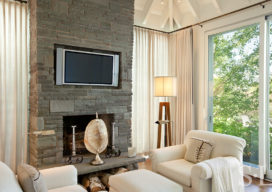 Master bedroom view of fireplace and seating area