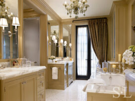 Primary bathroom of Chicago Lincoln Park residence with 2 vanities and large tub