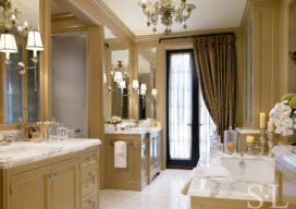 Primary bathroom of Chicago Lincoln Park residence with 2 vanities and large tub