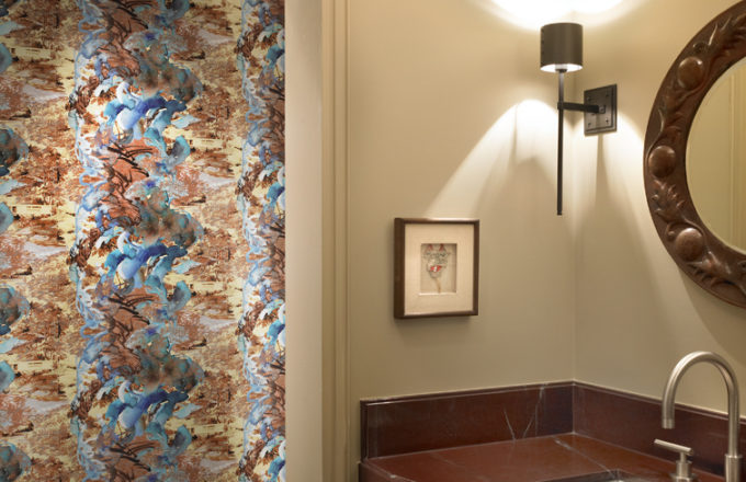Chicago high-rise apartment powder room detail with wallpaper by Jackie Kazarian