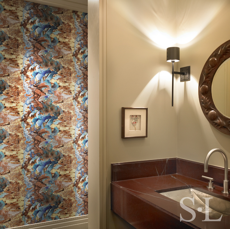 Chicago high-rise apartment powder room detail with wallpaper by Jackie Kazarian