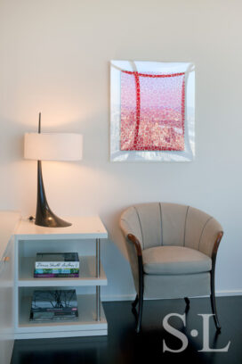 Manhattan residence primary bedroom detail with artwork by Yayoi Kusama