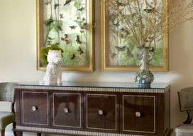 Dining room detail featuring sideboard by Frank Pollaro and Jeff Koons ceramic puppy