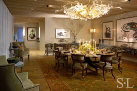 Dining room featuring custom chandelier by Dale Chihuly