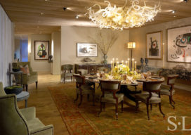 Dining room featuring custom chandelier by Dale Chihuly