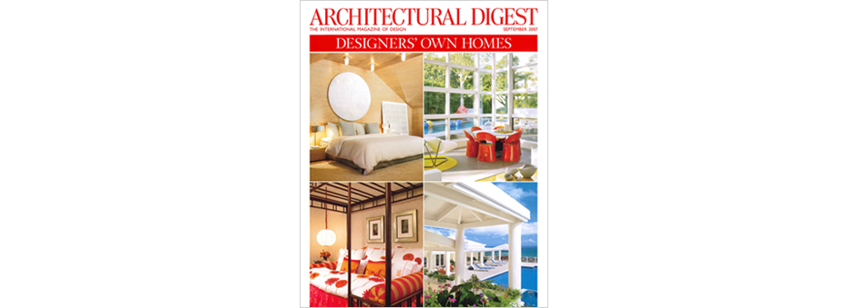 Architectural Digest magazine cover featuring 4 rooms including pink and white room by Suzanne Lovell Inc.