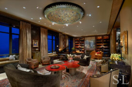 Great room interior designed with monumental chandelier by Flavio Poli