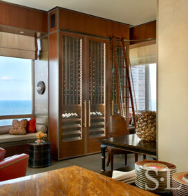 Chicago skyline penthouse kitchen view towards wine storage