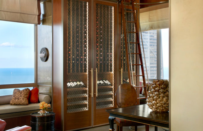 Chicago skyline penthouse kitchen view towards wine storage