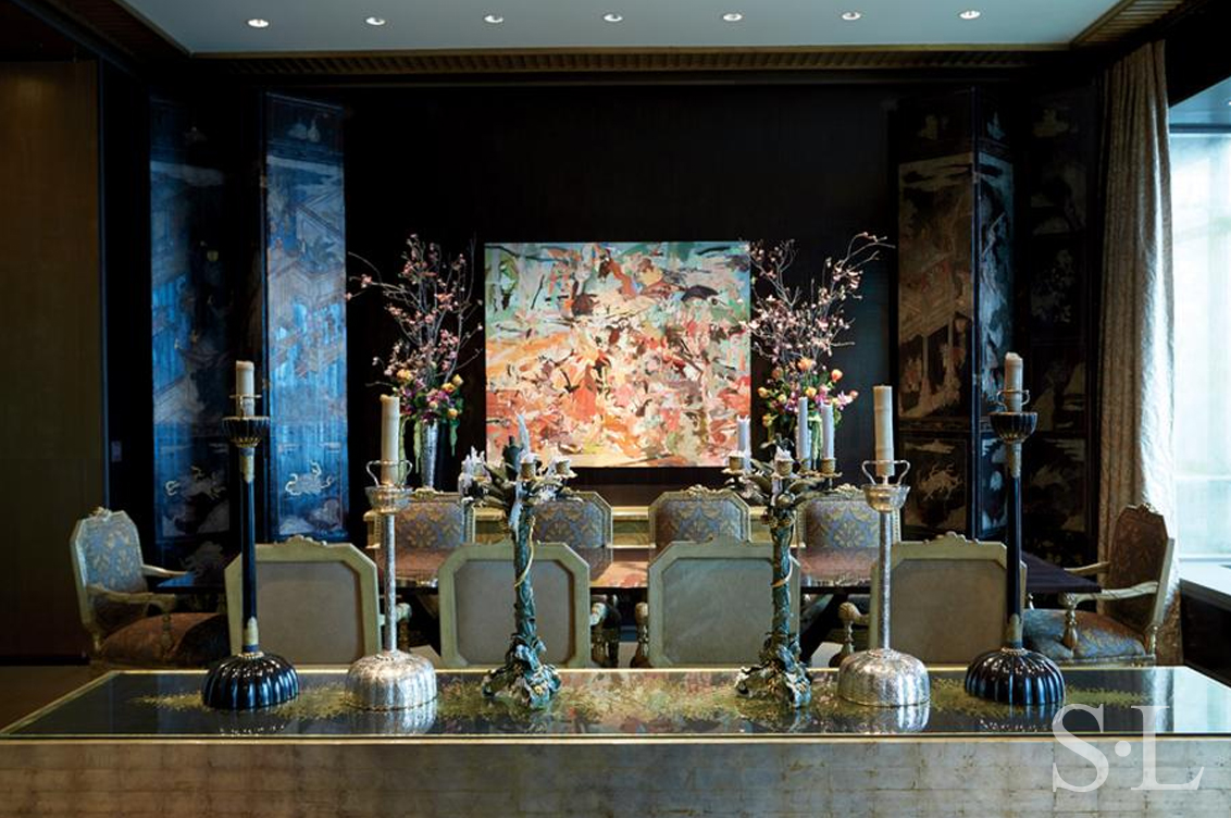 Chicago skyline penthouse dining room detail with artwork by Cecily Brown