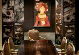 Chicago Skyline penthouse dining table, antique screens and artwork by Manolo Valdes