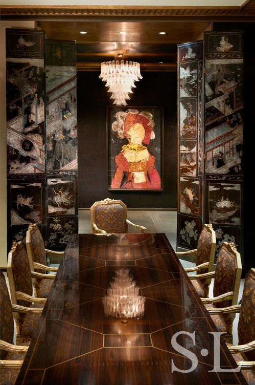 Chicago Skyline penthouse dining table, antique screens and artwork by Manolo Valdes