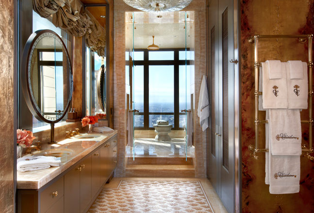 Chicago skyline penthouse primary bathroom with view into wet room