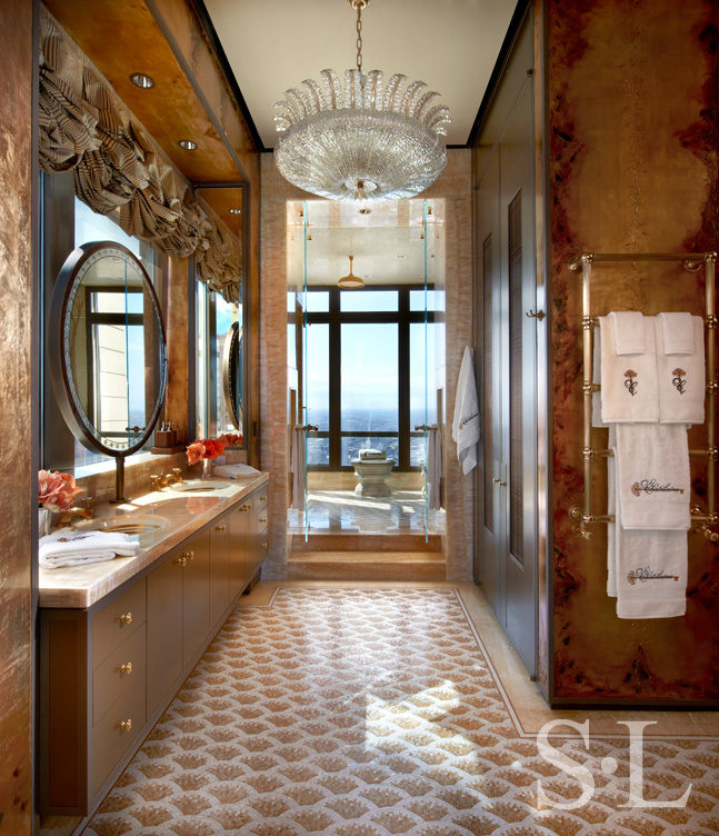 Chicago skyline penthouse primary bathroom with view into wet room