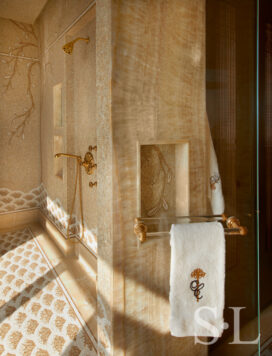 Chicago skyline penthouse wet room detail with honey onyx mosaic