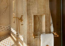 Chicago skyline penthouse wet room detail with honey onyx mosaic
