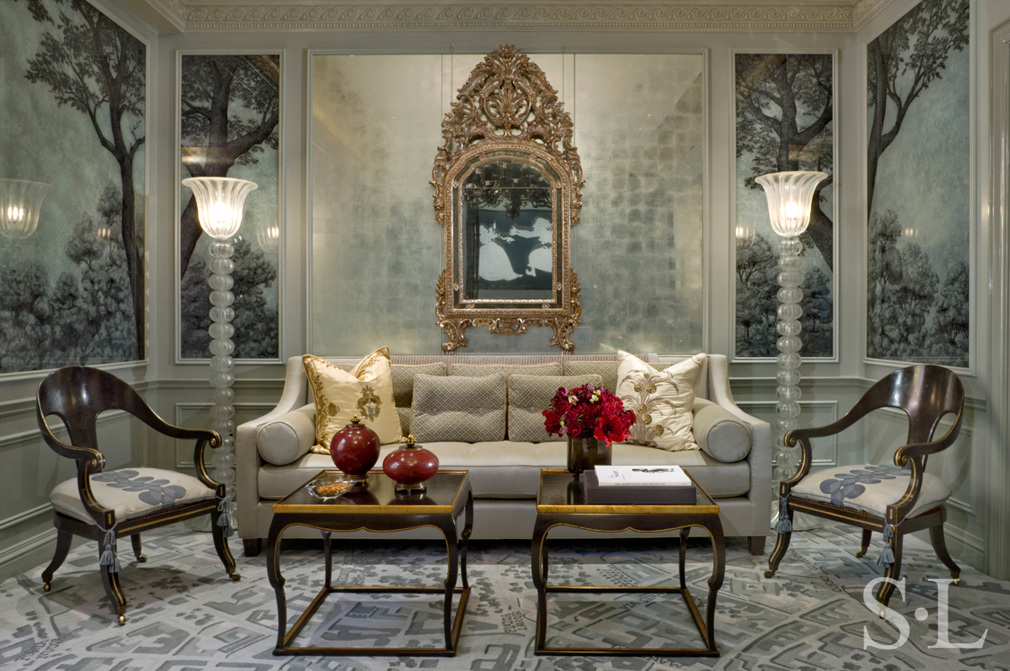 St. Regis NY owner’s suite living room with ornate silver-leaf mirror and English klismos chairs