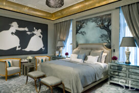 St. Regis NY owner’s suite bedroom with mirrored bedside tables and large scale artwork by Kara Walker