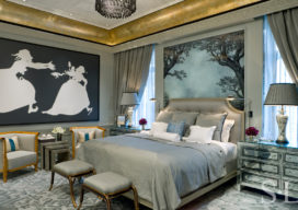 St. Regis NY owner’s suite bedroom with mirrored bedside tables and large scale artwork by Kara Walker