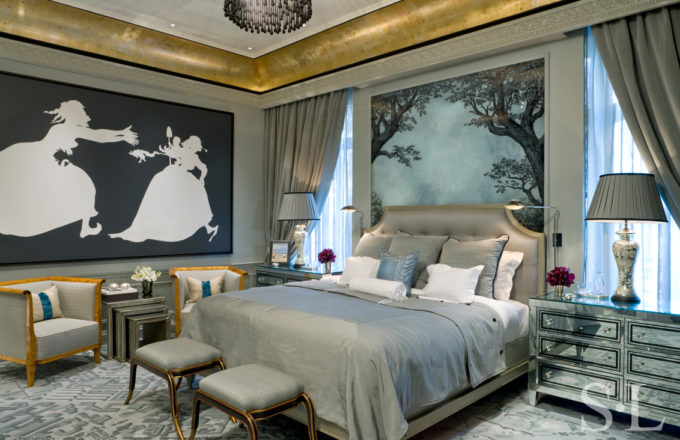St. Regis NY owner’s suite bedroom with mirrored bedside tables and large scale artwork by Kara Walker