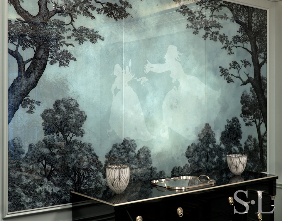 Bedroom detail showing custom dresser in black lacquer and Kara Walker artwork reflected above in the hand painted glass mural