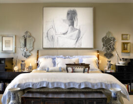 Chicago townhome primary bedroom detail of bed and artwork by Nicolas Carone