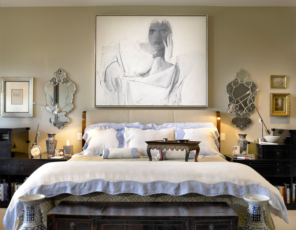 Chicago townhome primary bedroom detail of bed and artwork by Nicolas Carone