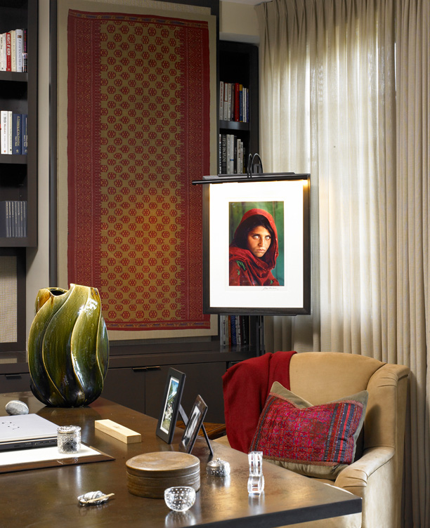 Chicago townhome office detail with Steve McCurry's photo 'Afghan Girl'