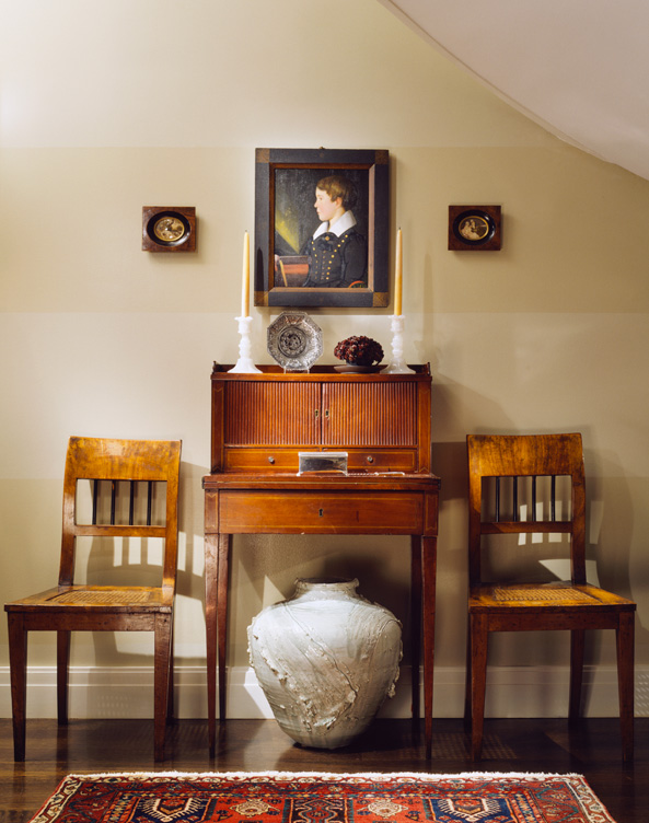 Chicago townhome entry with a Federal tambour desk and portrait by John Blunt