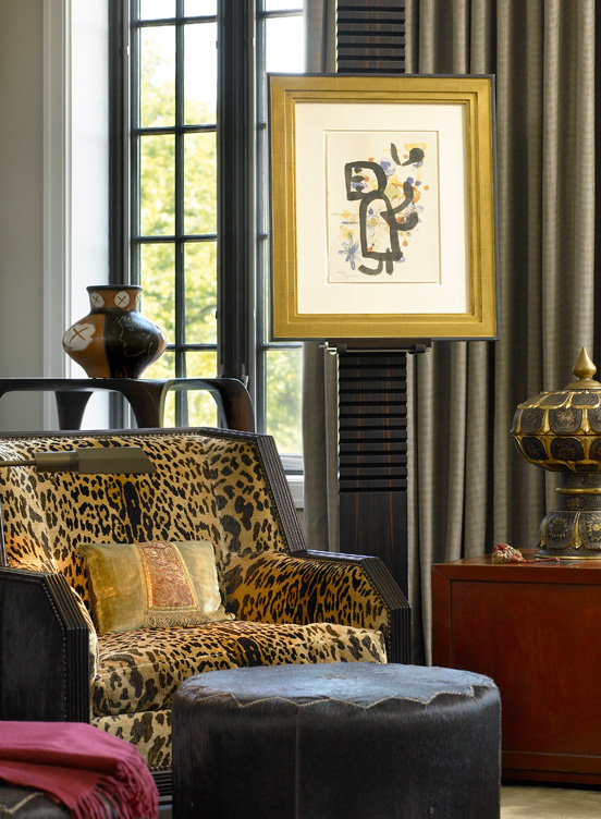 Chicago townhome seating area with artwork by Joan Miró and Picasso