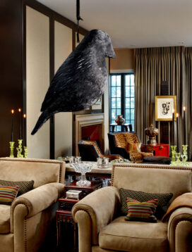 Chicago townhome living room with bird sculpture by Edward Lipski