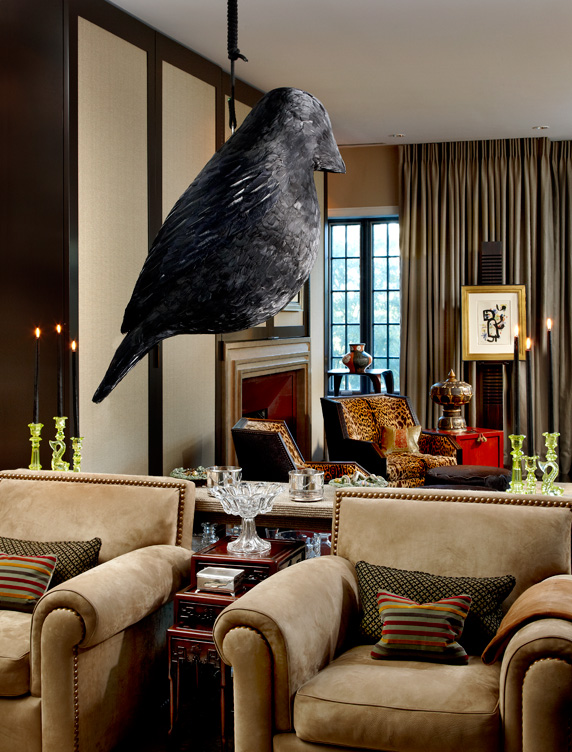 Chicago townhome living room with bird sculpture by Edward Lipski