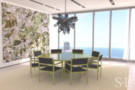 3D architectural rendering or dining room of penthouse in the St. Regis Chicago skyscraper