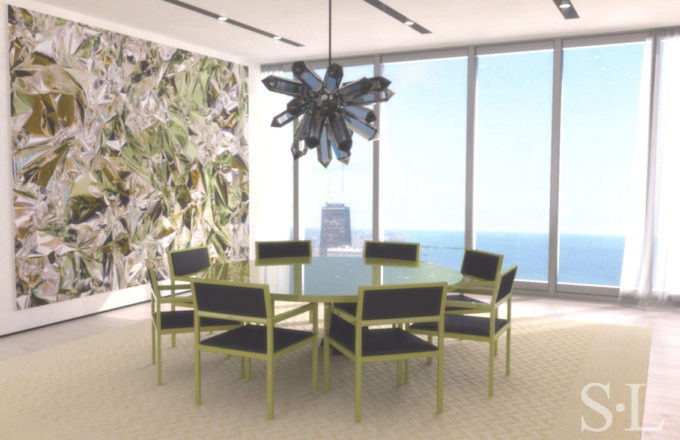 3D architectural rendering or dining room of penthouse in the St. Regis Chicago skyscraper