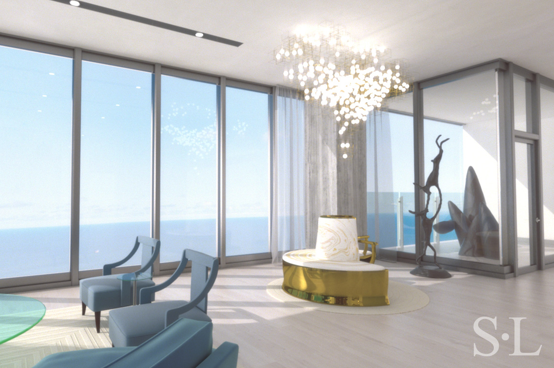 3D architectural rendering or living room of penthouse in the St. Regis Chicago skyscraper