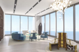 3D architectural rendering or living room of penthouse in the St. Regis Chicago skyscraper