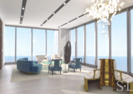 3D architectural rendering or living room of penthouse in the St. Regis Chicago skyscraper