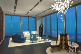 3D architectural rendering or living room at dusk of penthouse in the St. Regis Chicago skyscraper